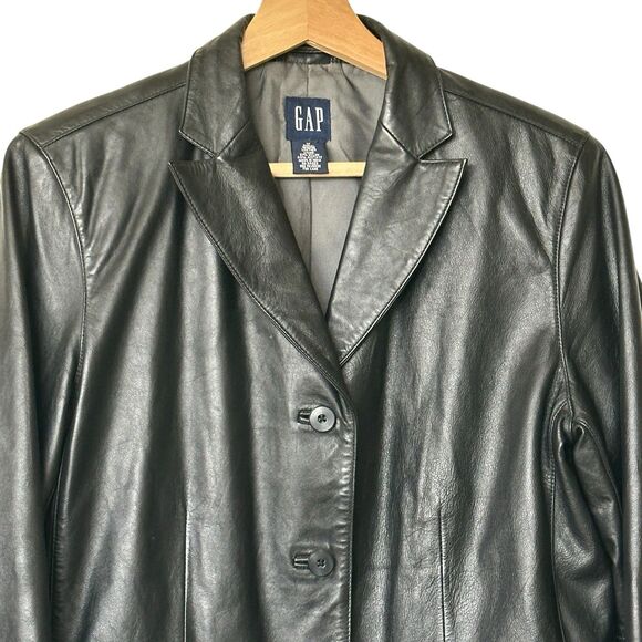 GAP Vintage Leather M Black Blazer Jacket Y2K Button Front Flap Pockets Women’s - Picture 4 of 10
